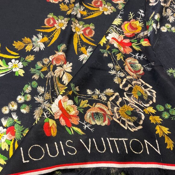 Louis Vuitton Black Multi Floral Monogram Fringed Large Wool Silk Cashmere Scarf - Picture 5 of 6